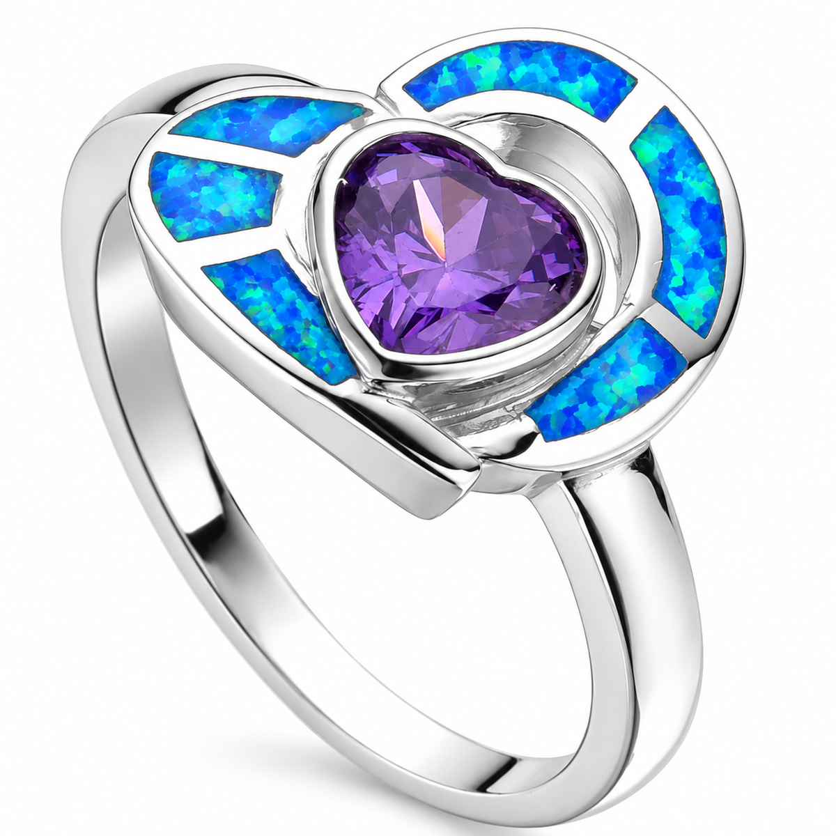11708 sterling silver amethyst-purple CZ ring with blue opal