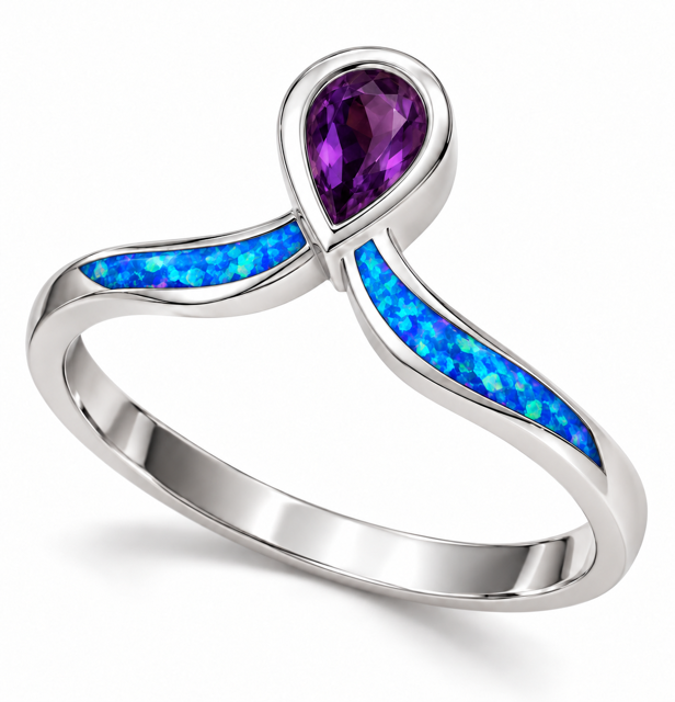 Sterling Silver Amethyst-Purple CZ & Blue or White Opal  Crown Ring - 11730