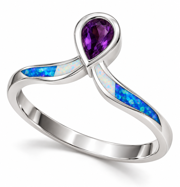 Sterling Silver Amethyst-Purple CZ & Blue or White Opal  Crown Ring - 11730