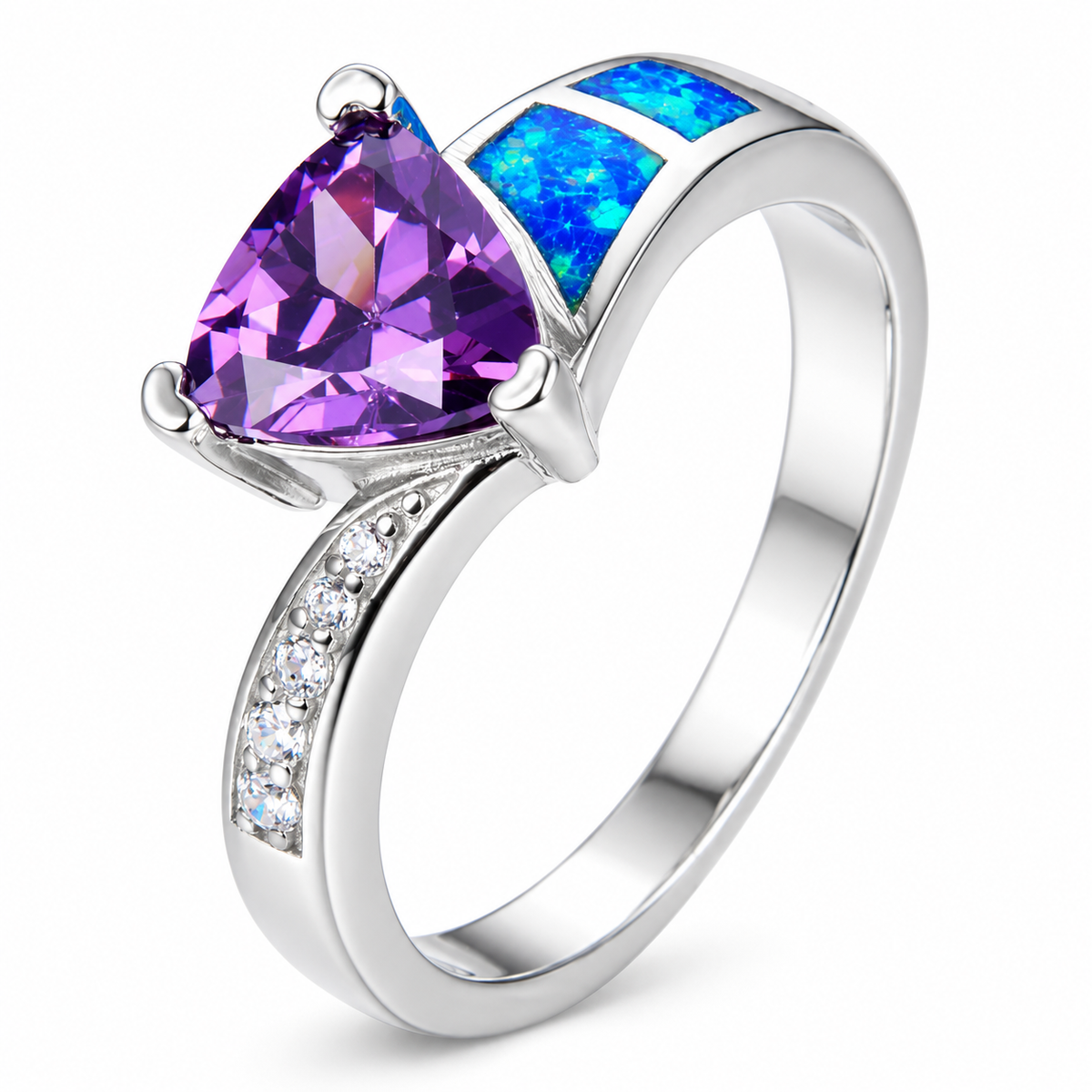11763 sterling silver amethyst-purple CZ ring with blue opal