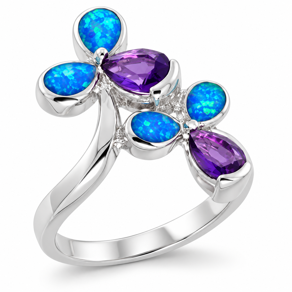 11765 sterling silver amethyst-purple CZ ring with blue opal