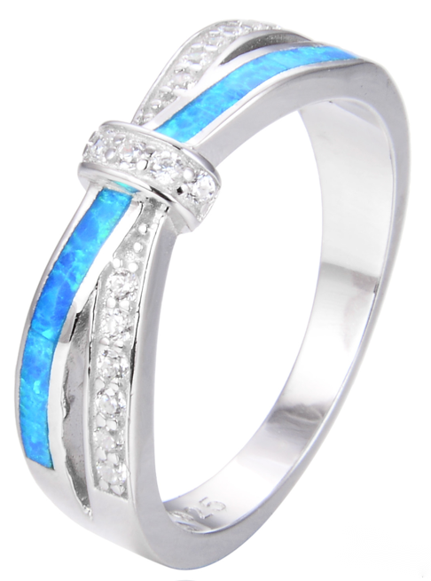 925 Sterling Silver blue or white  Lab-Created Opal Crossover  Ring - 11777