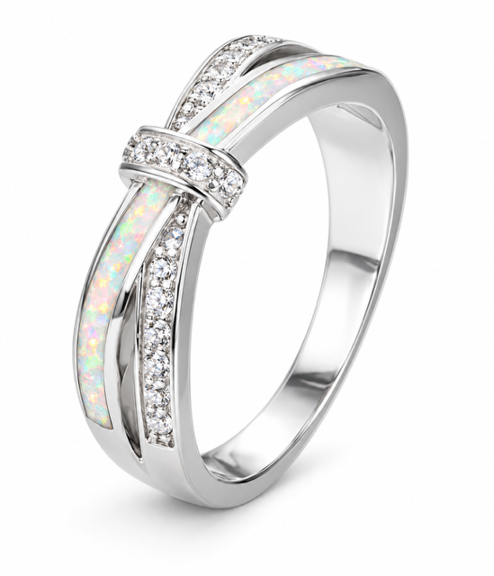 925 Sterling Silver blue or white  Lab-Created Opal Crossover  Ring - 11777