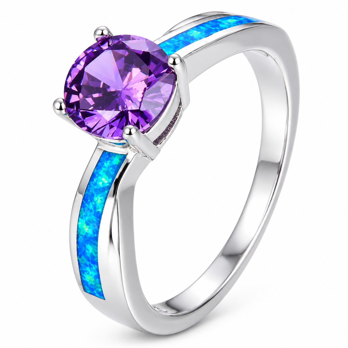 11783 sterling silver amethyst-purple CZ ring with blue opal