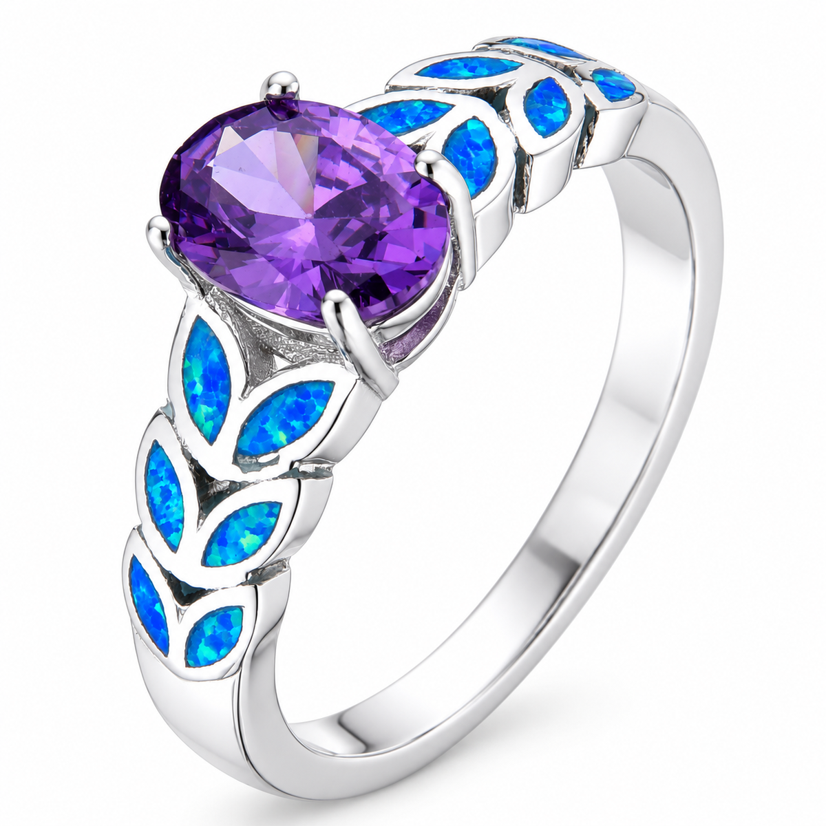 11800 sterling silver amethyst-purple CZ ring with blue opal