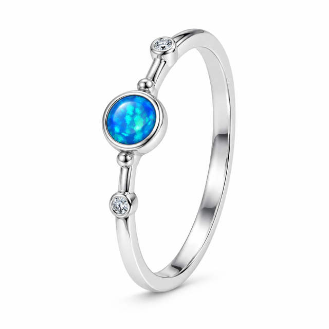 925 Sterling Silver Blue or white Lab-Created Opal round bezel Ring - 11811-k17