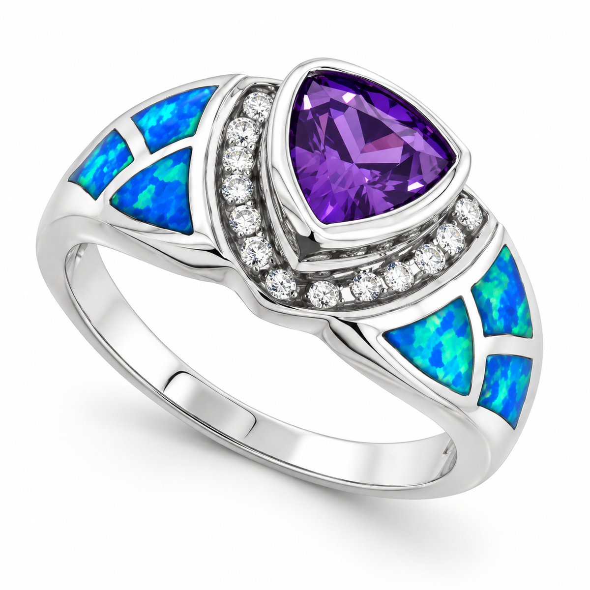 11812 sterling silver amethyst-purple CZ ring with blue opal