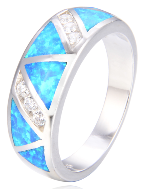 925 Sterling Silver  Blue or White Lab-Created Opal Geometric with CZ accent  Ring - 11819-k5