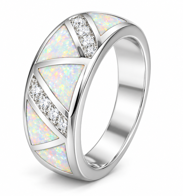 925 Sterling Silver  Blue or White Lab-Created Opal Geometric with CZ accent  Ring - 11819-k5