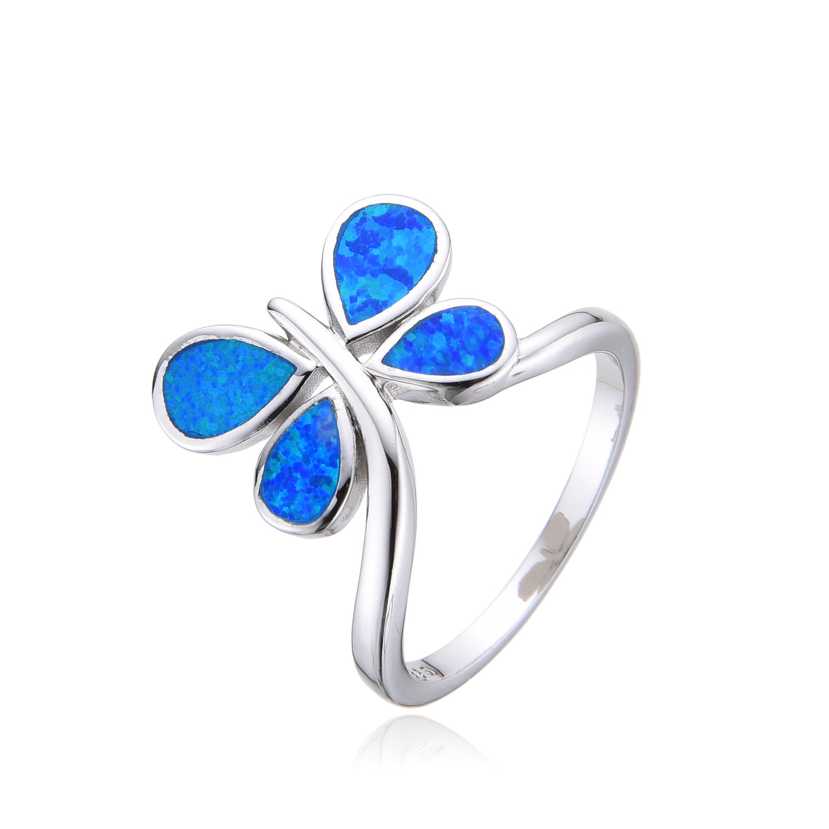 925 Sterling Silver Blue or White Lab-Created Opal Dragonfly Ring - 11823-k5