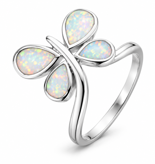925 Sterling Silver Blue or White Lab-Created Opal Dragonfly Ring - 11823-k5