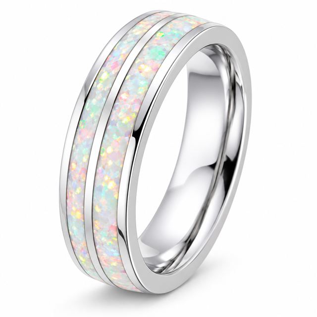 925 Sterling Silver Blue or White Lab-Created Opal Doble line Band Ring - 11852-k5