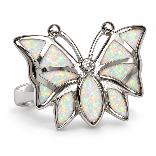 925 Sterling Silver Blue or White Lab-Created Opal Butterfly Ring - 11876-k5