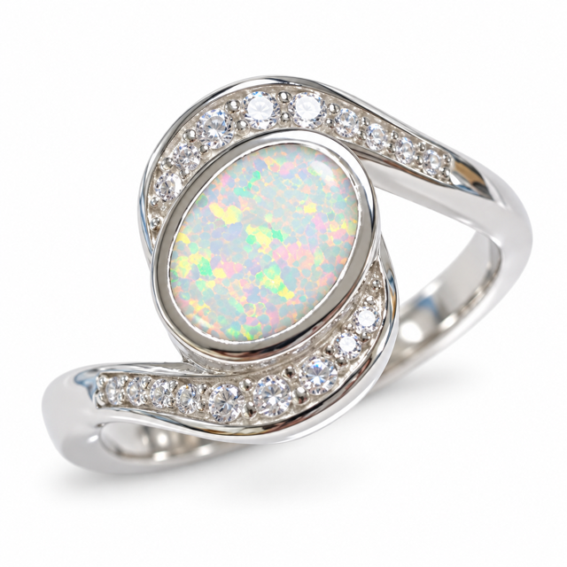 925 Sterling Silver blue or white  Lab-Created Opal bypass cz  Ring - 11889-k5