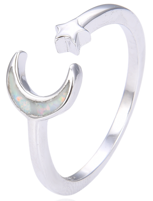 925 Sterling Silver Blue or White  Lab-Created Opal Moon & Star  Ring - 11914-5