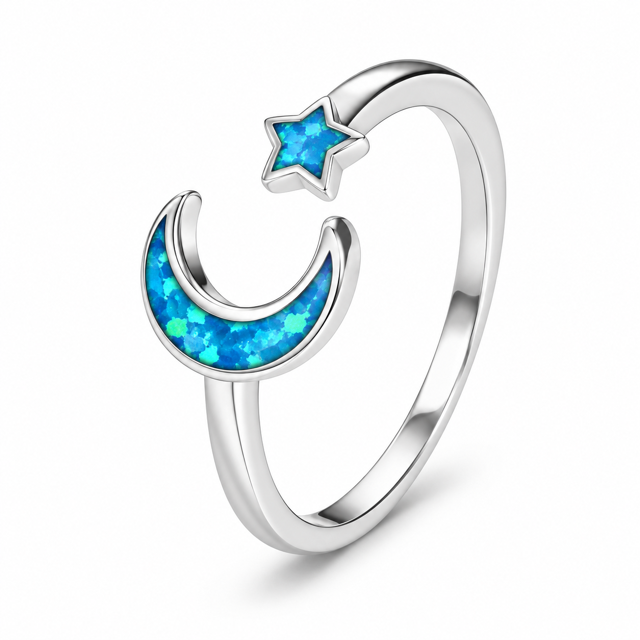 925 Sterling Silver Blue or White  Lab-Created Opal Moon & Star  Ring - 11914-5