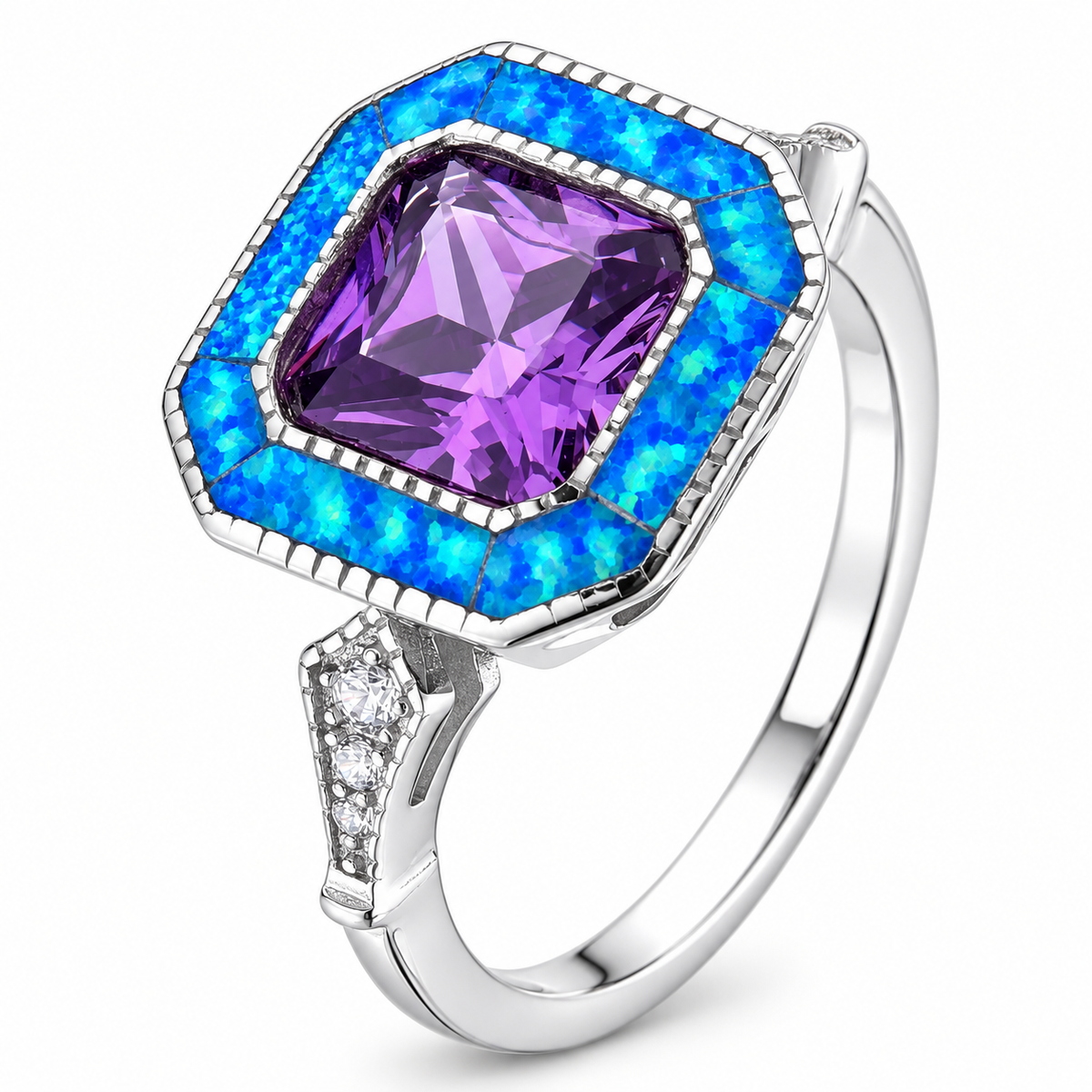 11926 sterling silver amethyst-purple CZ ring with blue opal