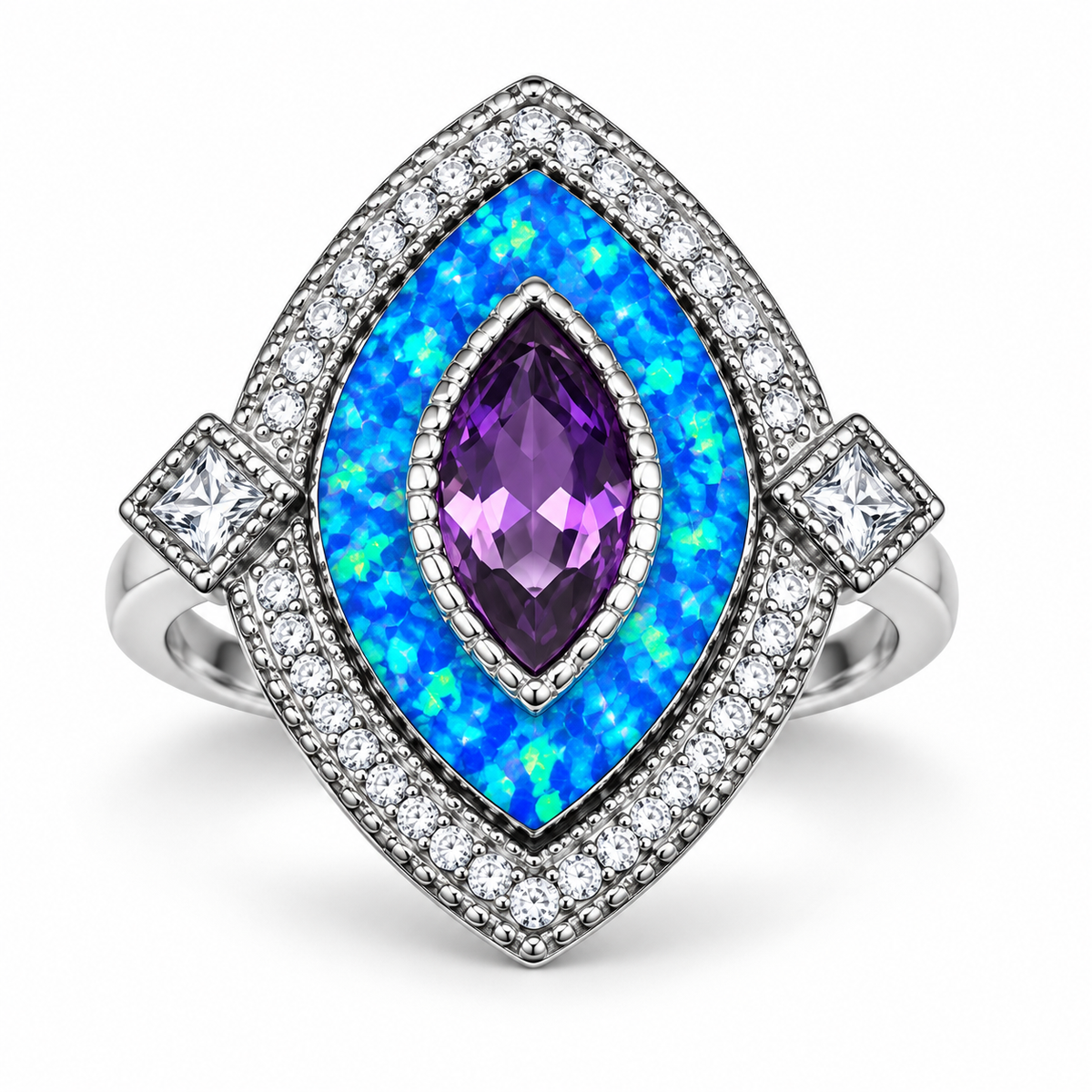 11927 sterling silver amethyst-purple CZ ring with blue opal