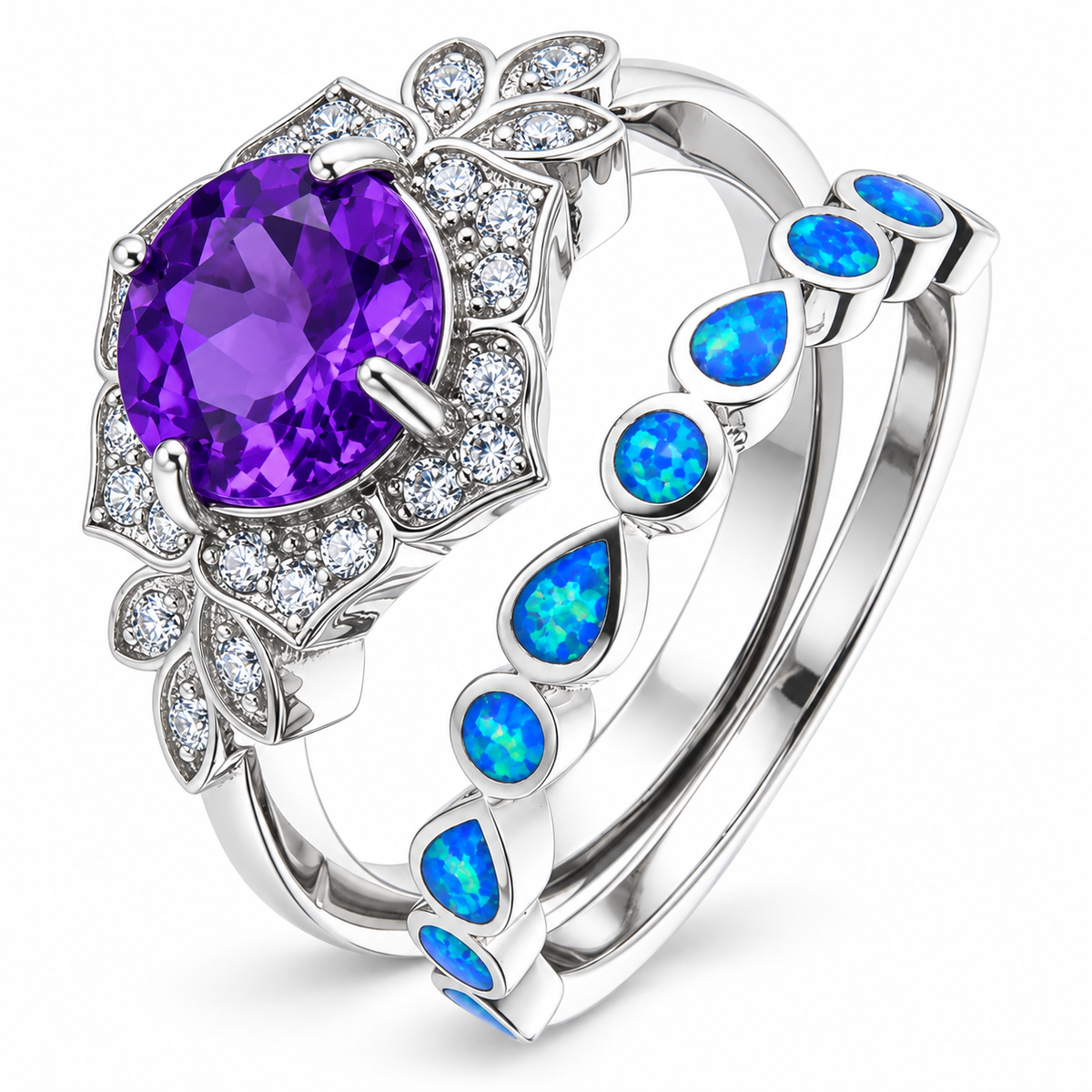 11957 sterling silver amethyst-purple CZ ring with blue opal