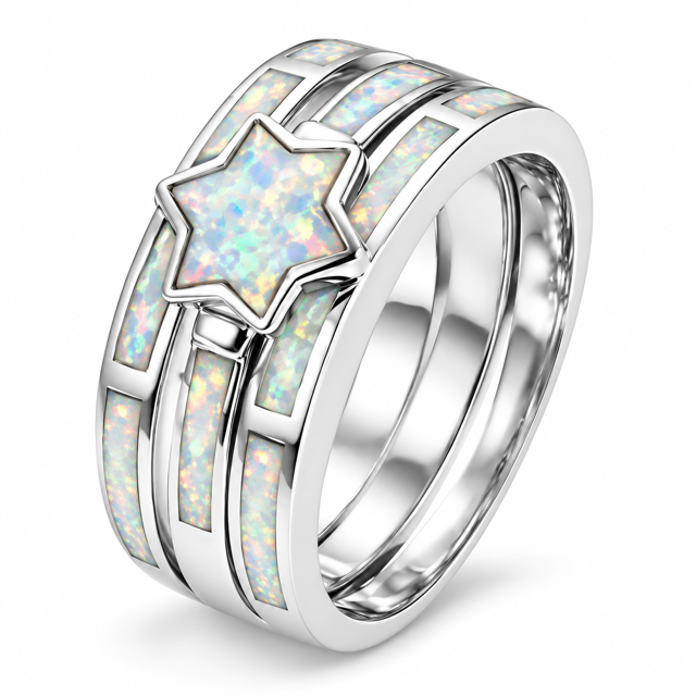925 Sterling Silver Blue or white  Lab-Created Opal Star Triple band  Ring - 11970-k5