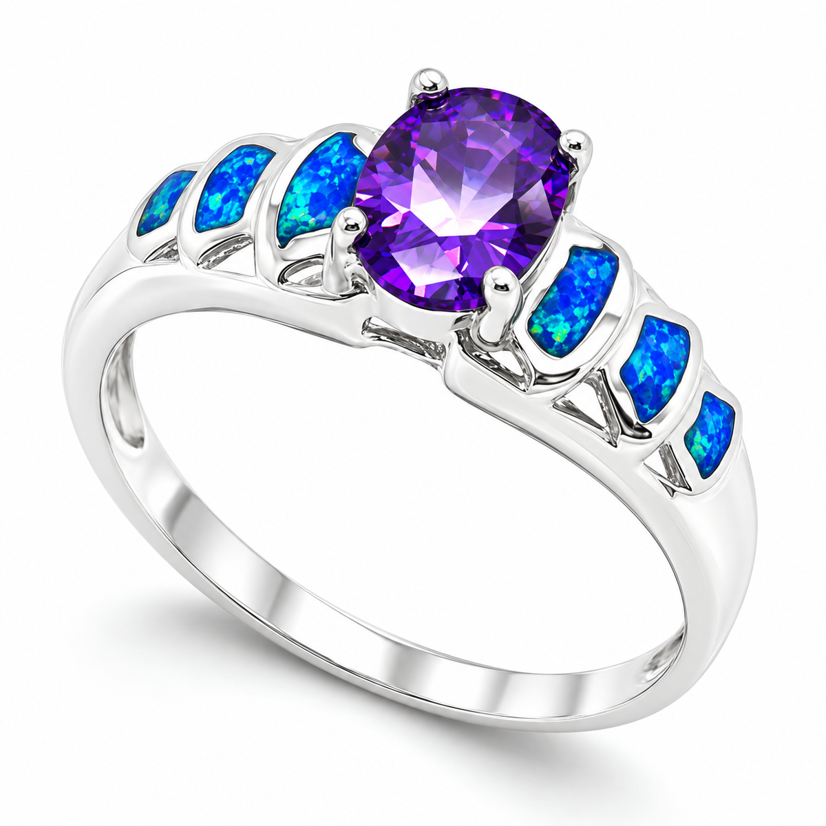 11OP101 sterling silver amethyst-purple CZ ring with blue opal