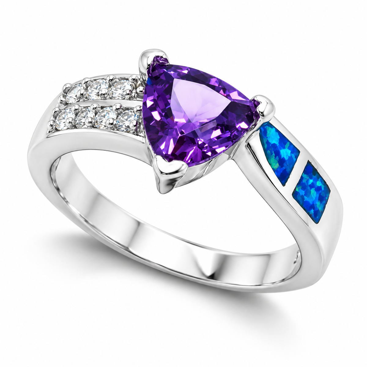 11OP105 sterling silver amethyst-purple CZ ring with blue opal