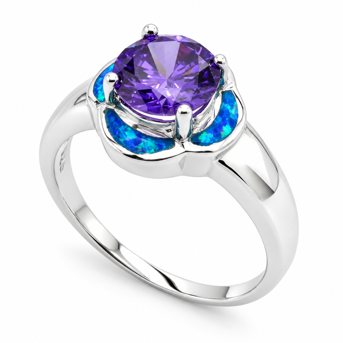 11OP107 sterling silver amethyst-purple CZ ring with blue opal