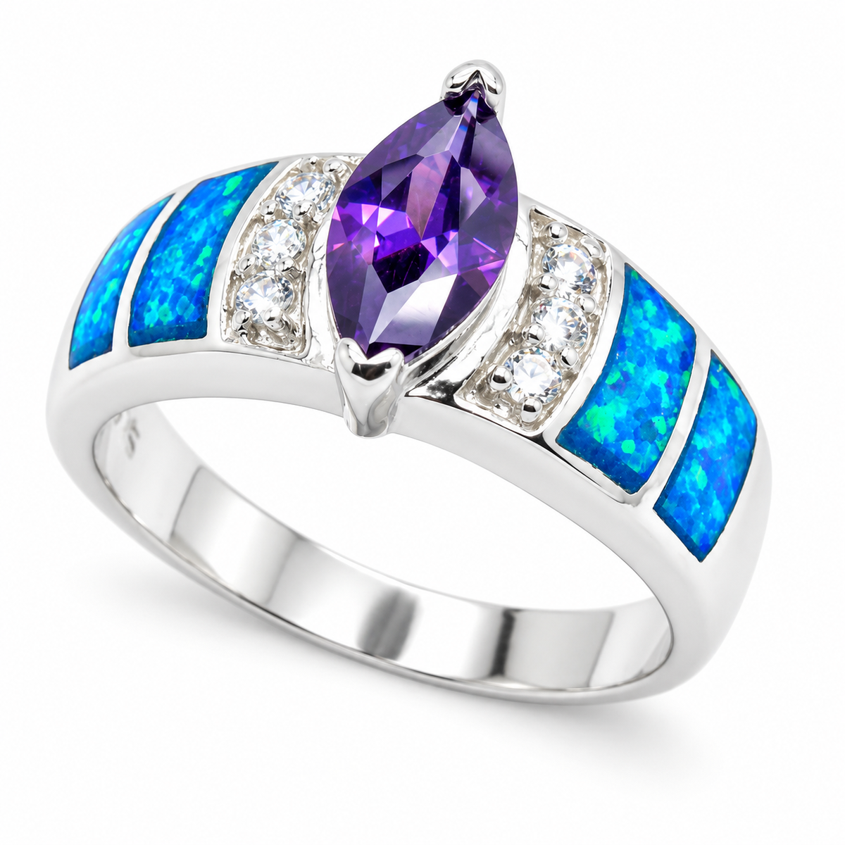 11OP108 sterling silver amethyst-purple CZ ring with blue opal