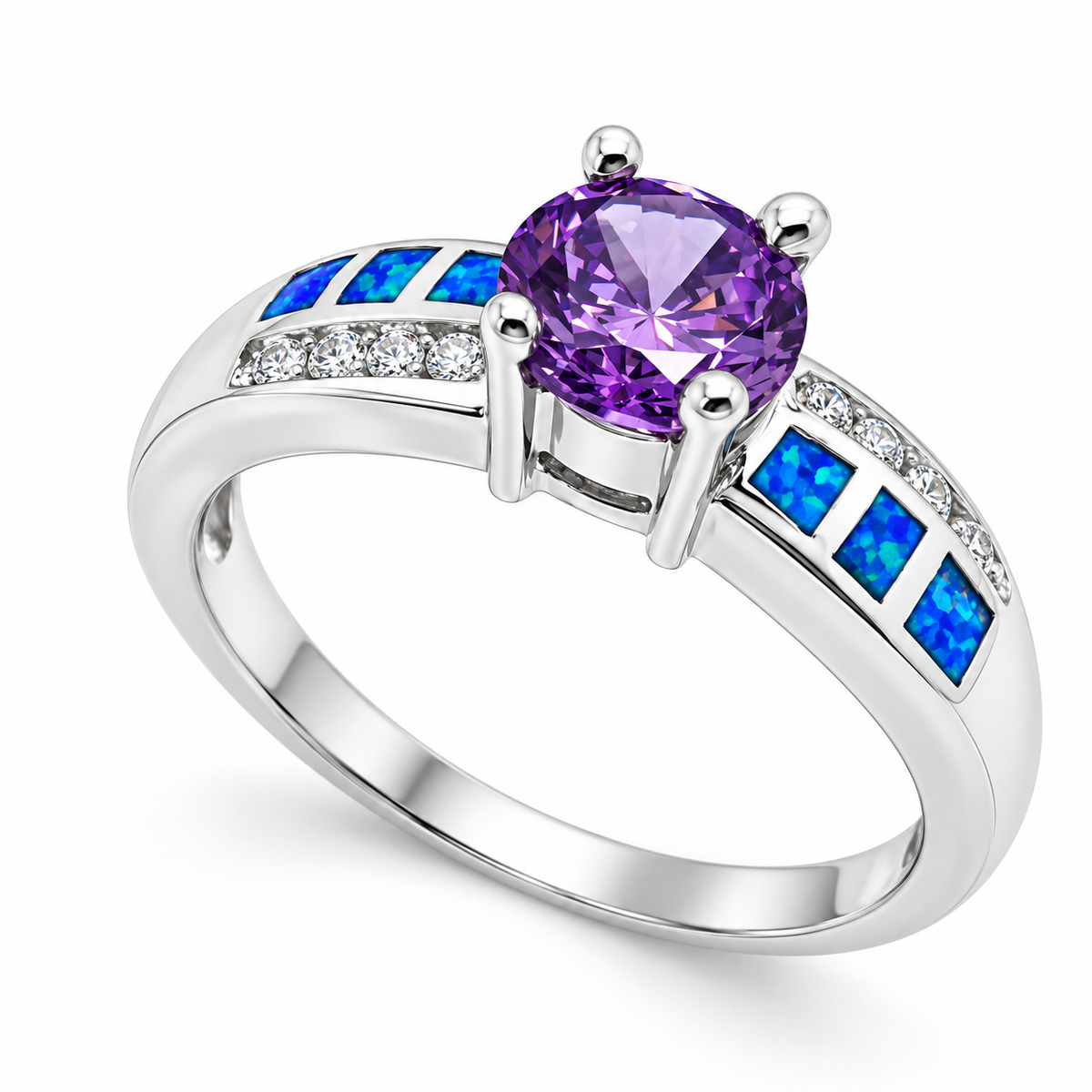 11OP112 sterling silver amethyst-purple CZ ring with blue opal