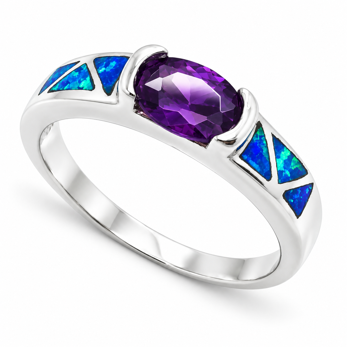 11OP113 sterling silver amethyst-purple CZ ring with blue opal