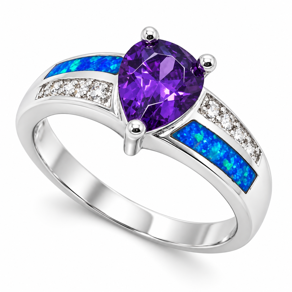 11OP114 sterling silver amethyst-purple CZ ring with blue opal