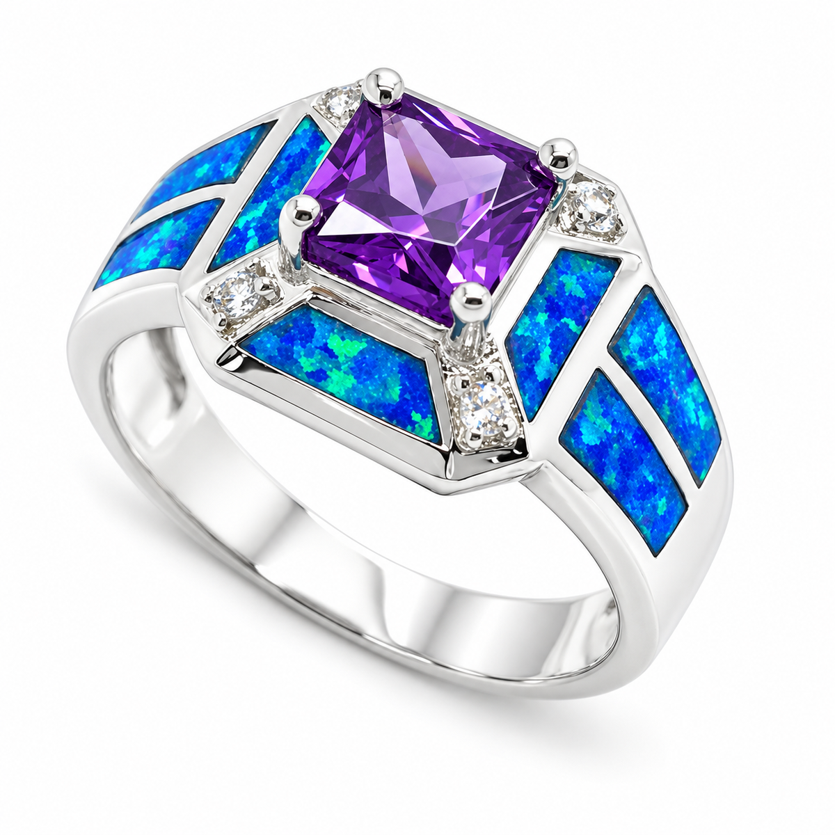 11OP116 sterling silver amethyst-purple CZ ring with blue opal
