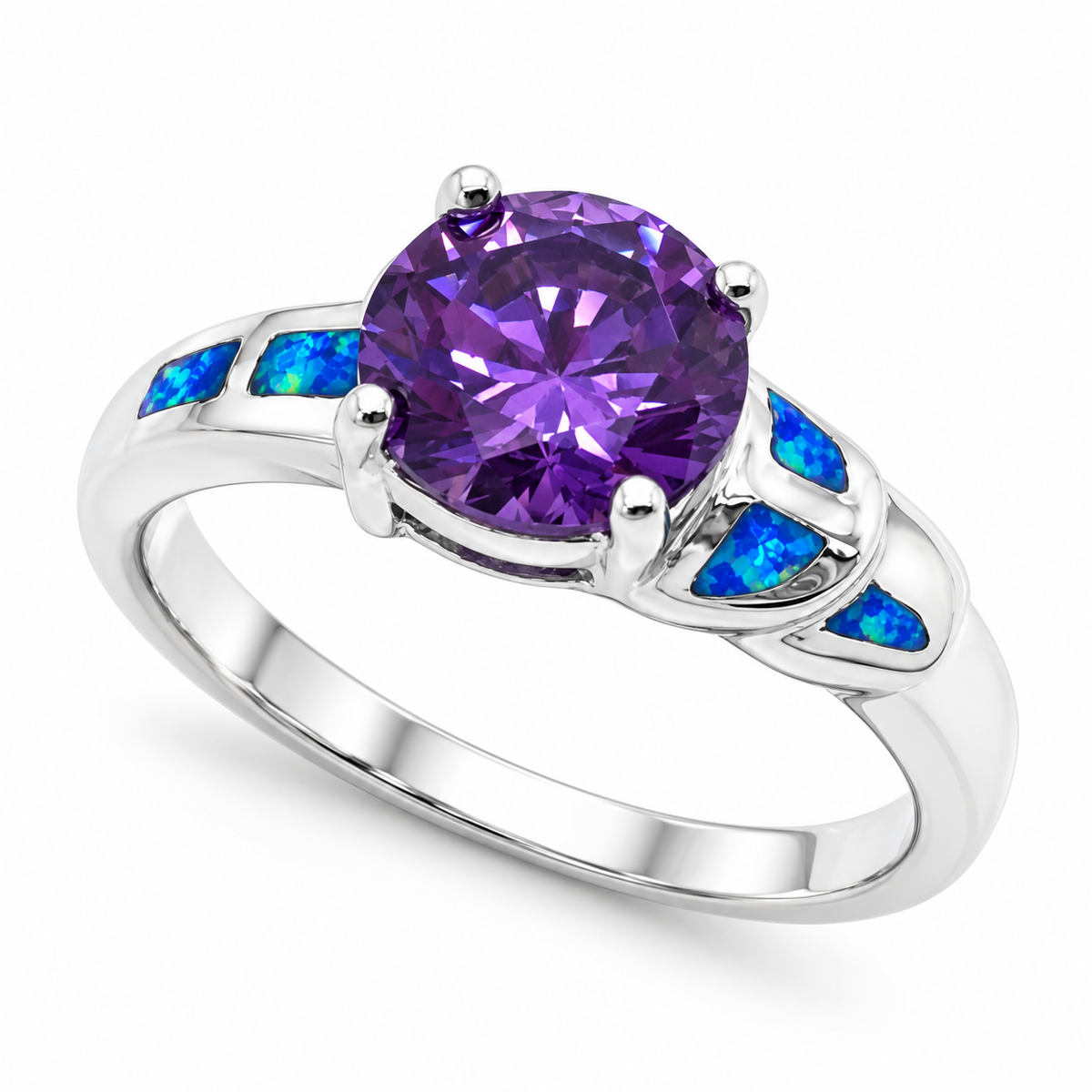 11OP117 sterling silver amethyst-purple CZ ring with blue opal