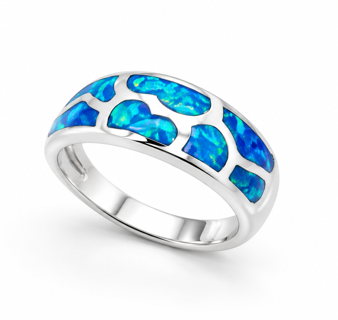 925 Sterling Silver Lab-Created inlay dome Band Opal Ring - 11OP12