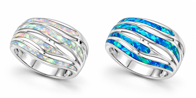925 Sterling Silver Blue or white  Lab-Created Opal  Wave Ring - 11OP14-k5