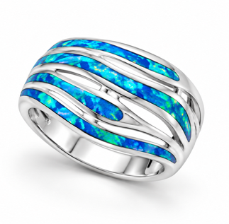 925 Sterling Silver Blue or white  Lab-Created Opal  Wave Ring - 11OP14-k5