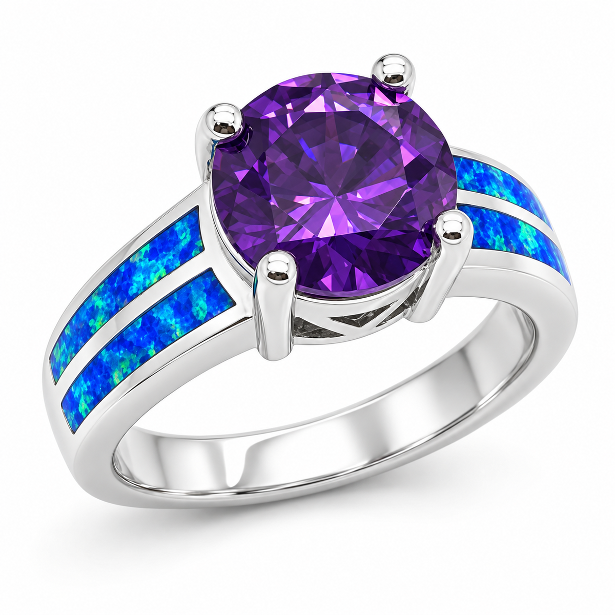 11OP168 sterling silver amethyst-purple CZ ring with blue opal