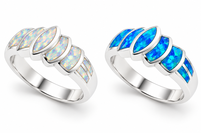 925 Sterling Silver Blue or White Lab-Created Opal Leaf Ring - 11OP22-k5