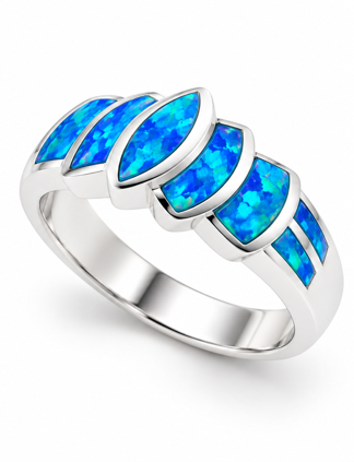 925 Sterling Silver Blue or White Lab-Created Opal Leaf Ring - 11OP22-k5