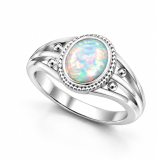 925 Sterling Silver blue or white  Lab-Created Opal vintage oval  Ring - 11OP38-k5
