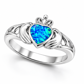 925 Sterling Silver  Blue or white Lab-Created Opal Claddagh Heart  Ring - 11OP39