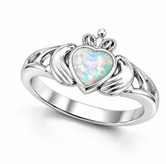 925 Sterling Silver  Blue or white Lab-Created Opal Claddagh Heart  Ring - 11OP39