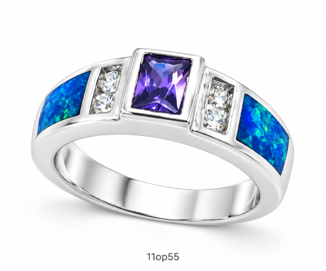 11OP55 Blue Opal center stone ring