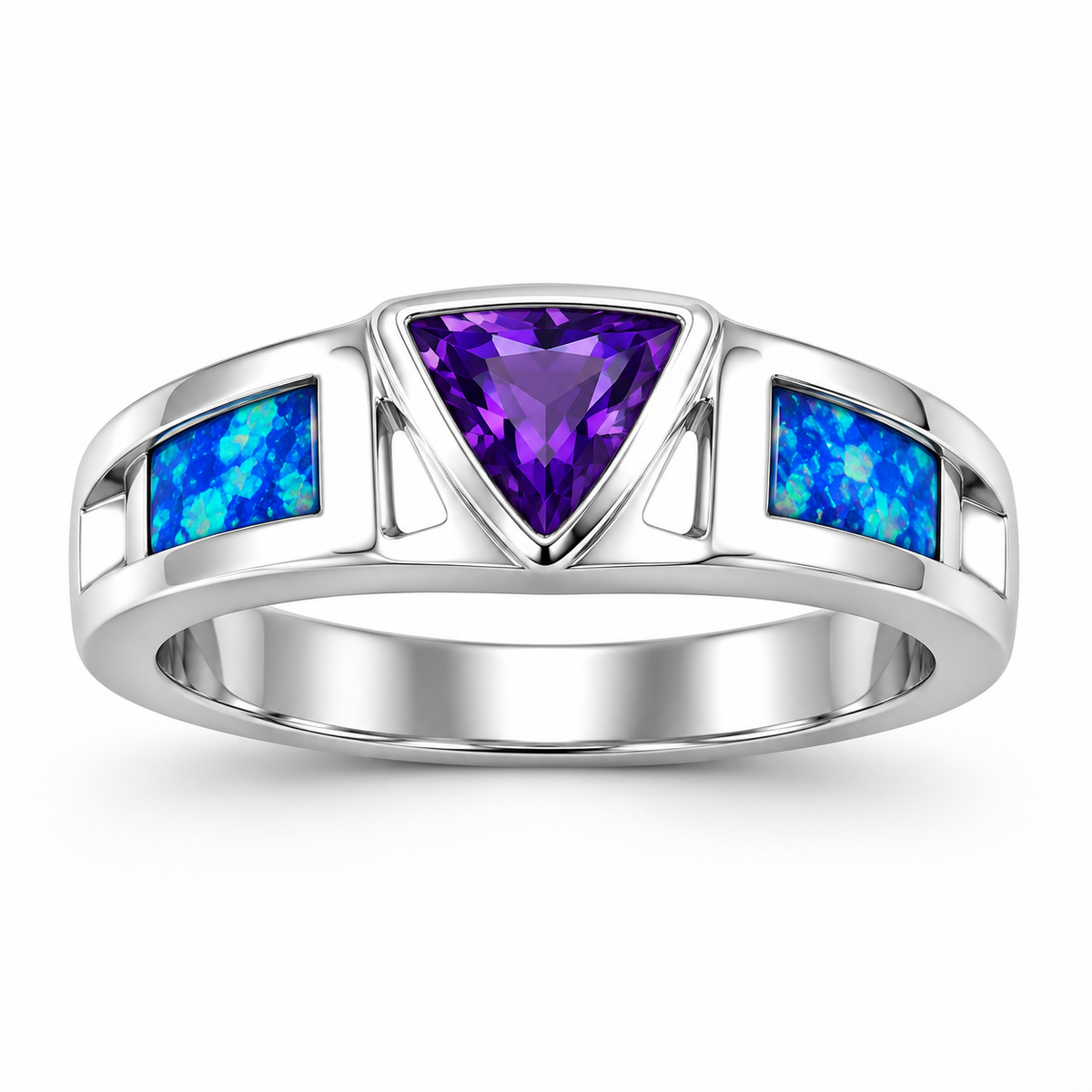 11OP65 sterling silver amethyst-purple CZ ring with blue opal