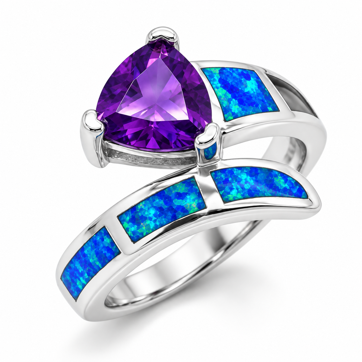 11OP66 sterling silver amethyst-purple CZ ring with blue opal