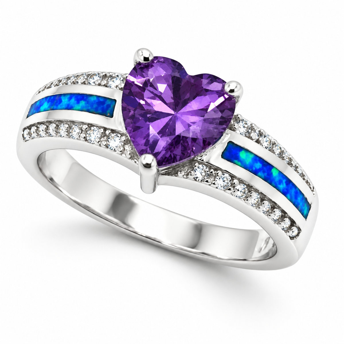 11OP69 sterling silver amethyst-purple CZ ring with blue opal
