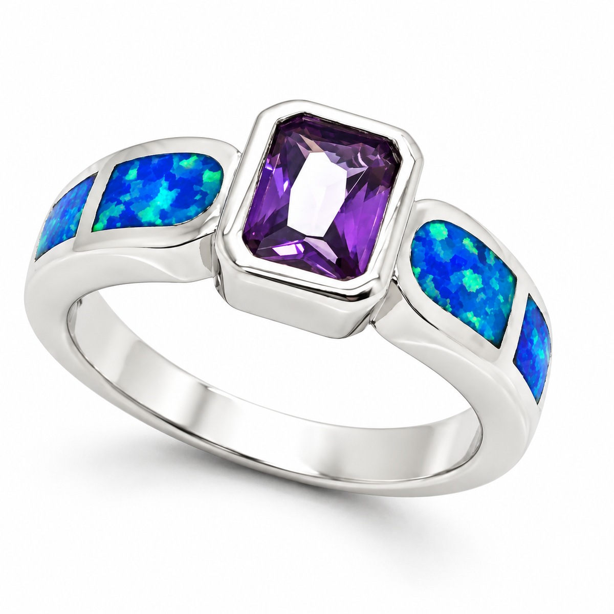 11OP70 sterling silver amethyst-purple CZ ring with blue opal