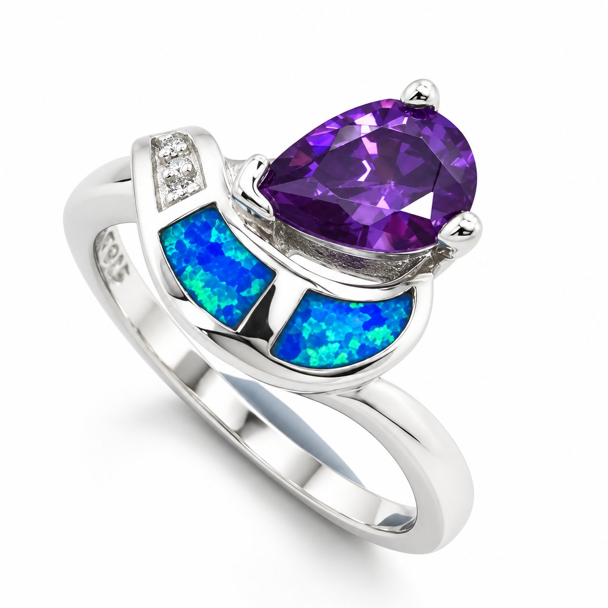 11OP71 sterling silver amethyst-purple CZ ring with blue opal