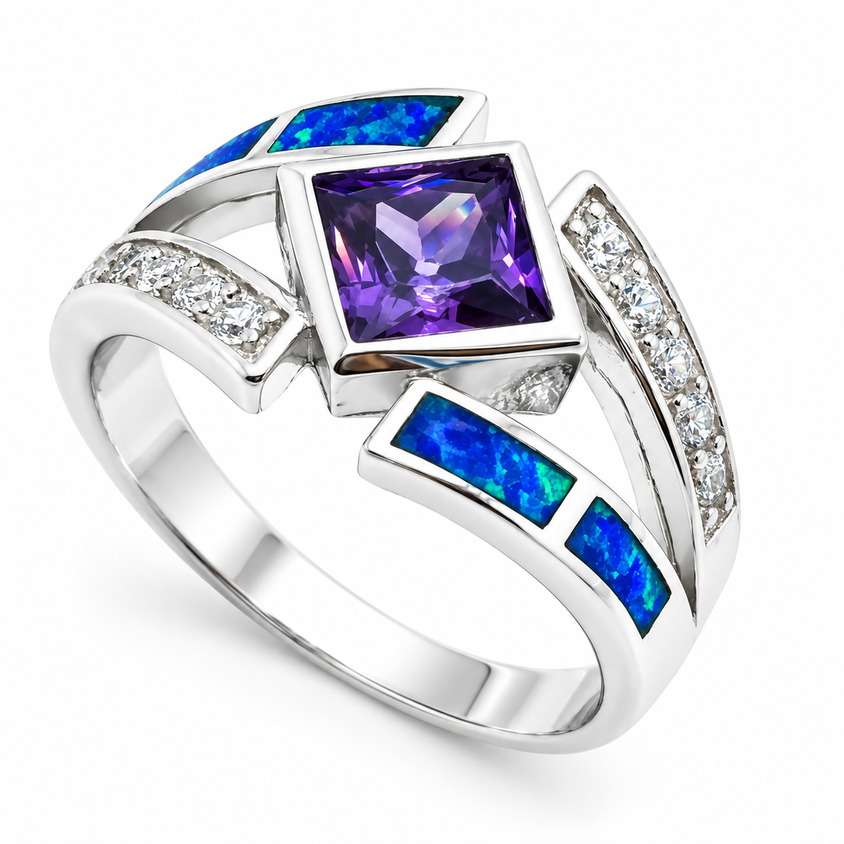 11OP73 sterling silver amethyst-purple CZ ring with blue opal