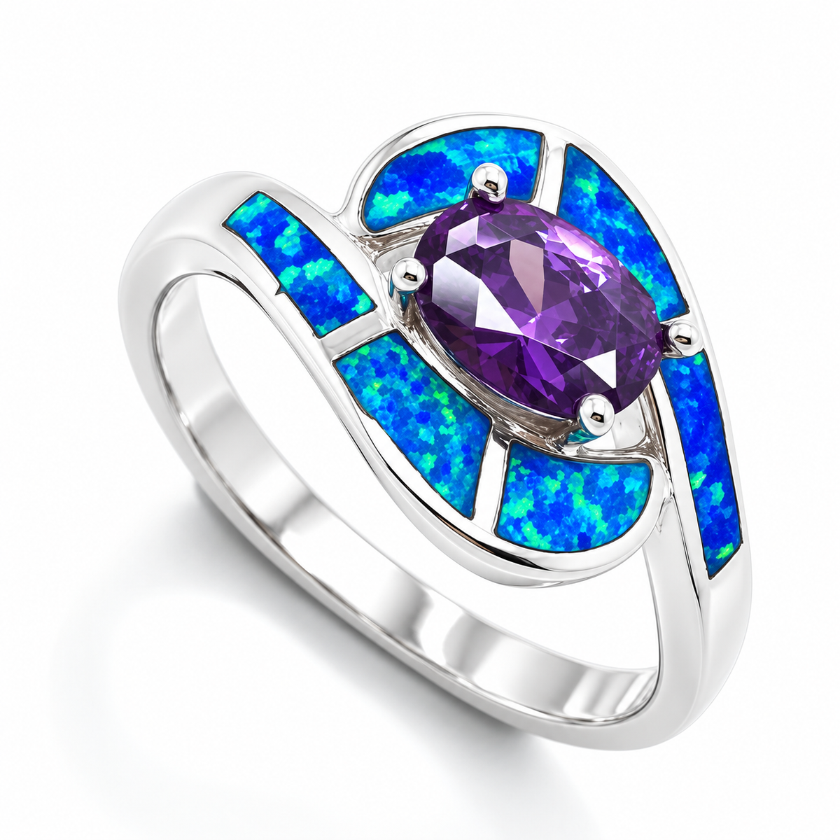 11OP74 sterling silver amethyst-purple CZ ring with blue opal